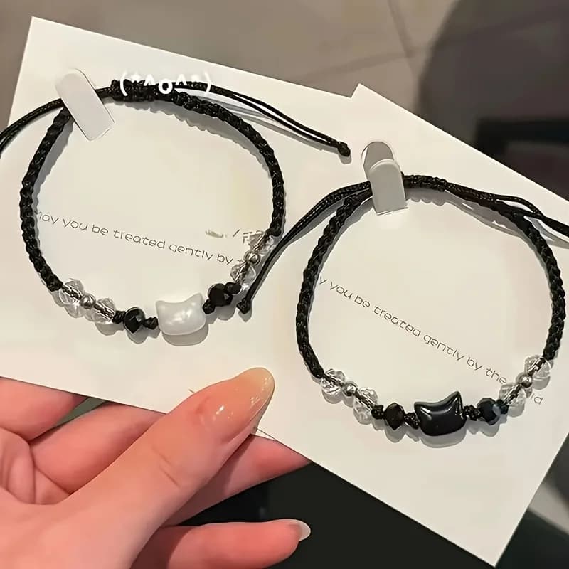 Braccialetto con design a gatto, 2 pezzi/set, corda regolabile semplice per regalo a coppia o migliore amica