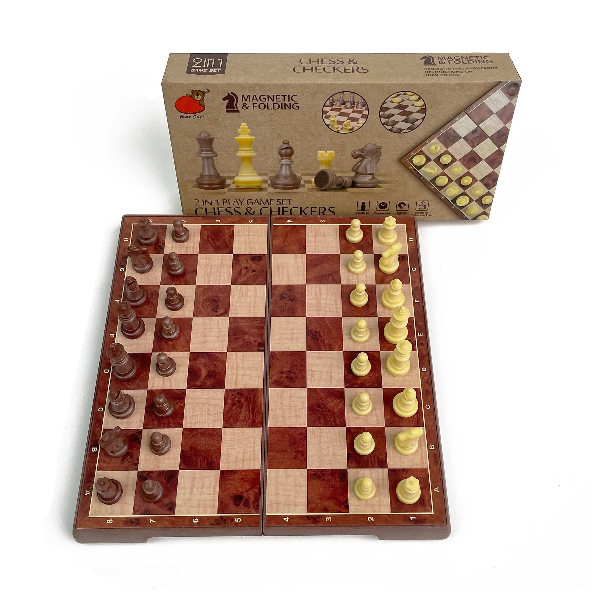 Set di Scacchi e Dama Magnetico Pieghevole 2-in-1 con Finitura Effetto Legno, Gioco da Tavolo Portatile da Viaggio per Bambini