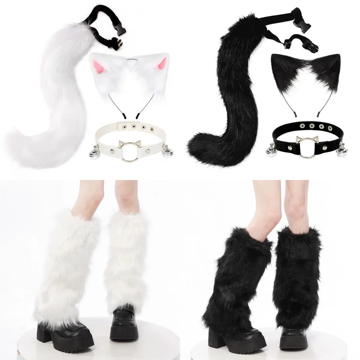 Halloween costume, Finta Neck White Fur, Fashion Shoes + Adjustable Simultaneous Fox Coda, Volpe Earrings in Plush
