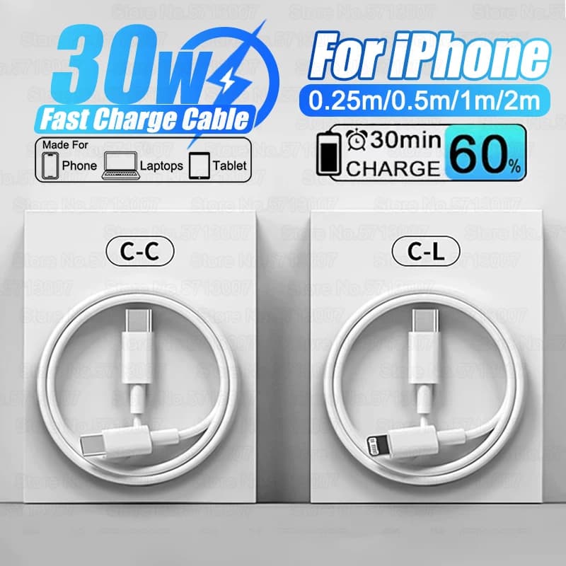 PD 30W USB C Fast Charge Cable For iPhone 16 15 14 13 12 11 Pro Max Plus XR XS Type C Cable Fast Charging Data Line Accessories