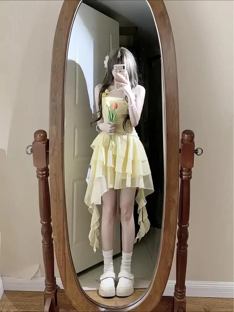 Sweet Style Asymmetrical Yellow Strap Dress Women's Summer Waist Cinching Short Holiday Skirt Breathable Skin-friendly Lightw...