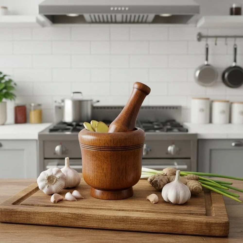 Set di Mortaio e Pestello Manuale per Uso Domestico, Ciotola in Legno Vintage per Macinare, Trituratore Naturale per Spezie e Zenzero