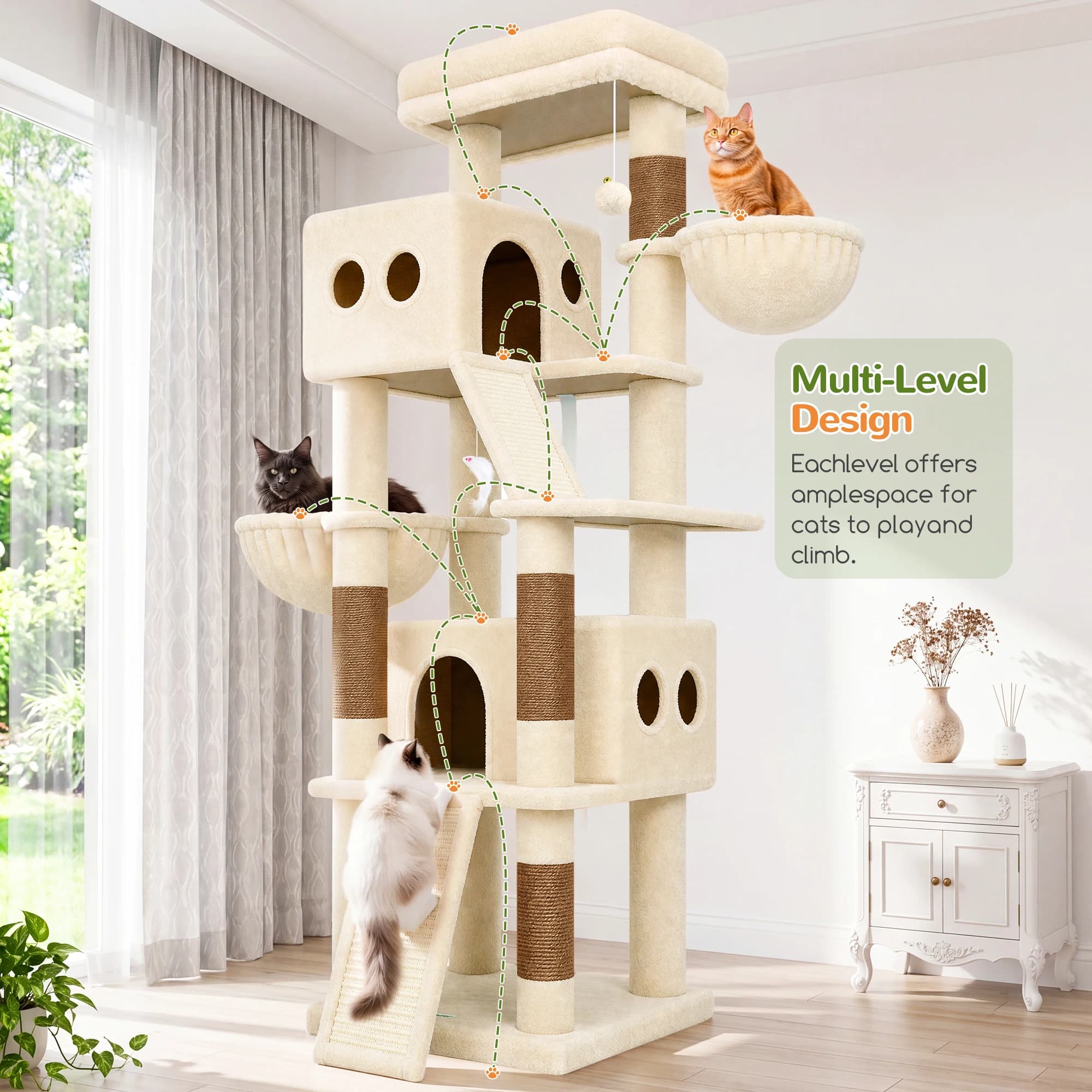 Globlazer 70" Tall Cat Tree Tower for 2-3 Medium Large Indoor Cats Multi-Level Climbing Activity Center with Sisal Scratching Posts 2 Condos 2 Hammocks Perches