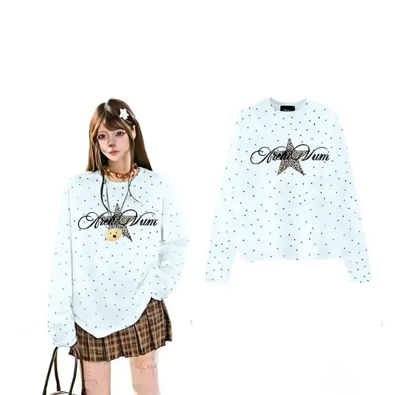 Women Lazy Style Crew Neck Polka Dot Long Sleeve T Shirt Casual Loose Outer Wear Tops S 3XL