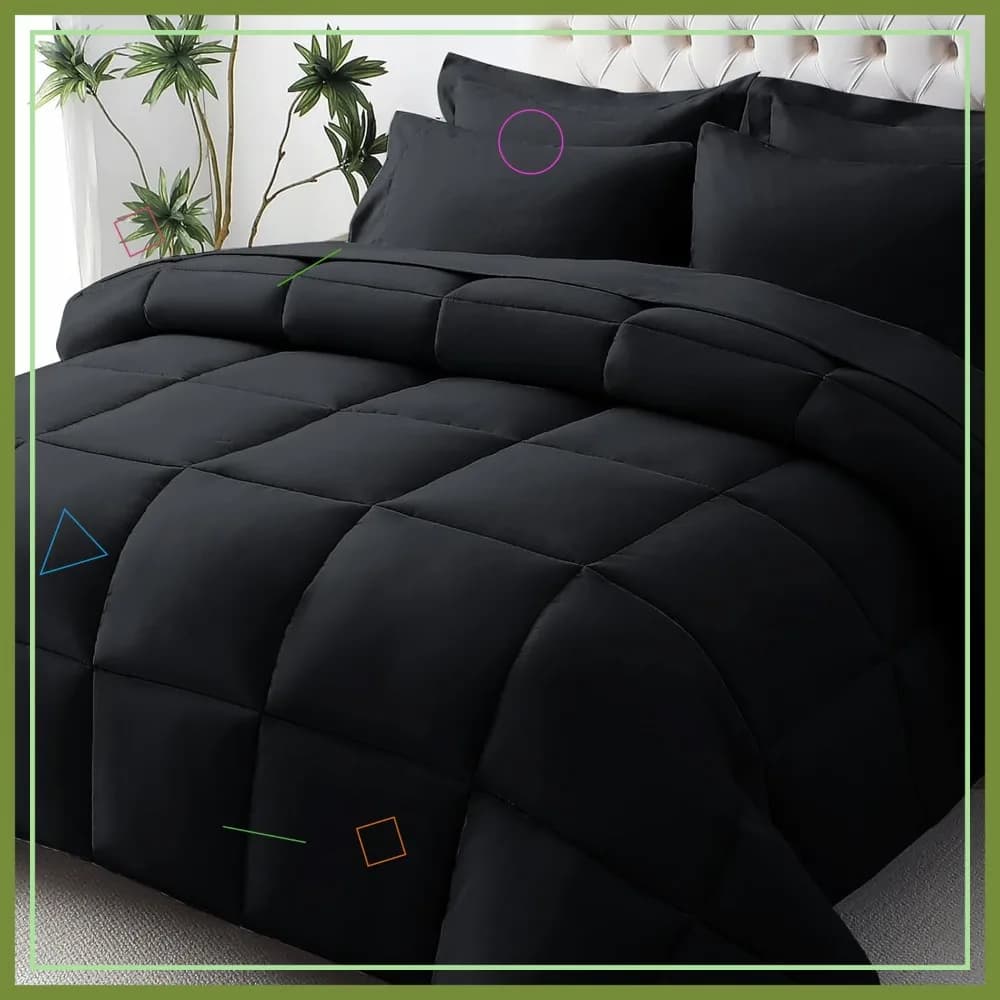 Queen Cover Set, Ultra-Morbid Bed Set 7 Pieces, Oeko-TEX Certified Down Jacket Alternative with Sheets and Loyalty, Black