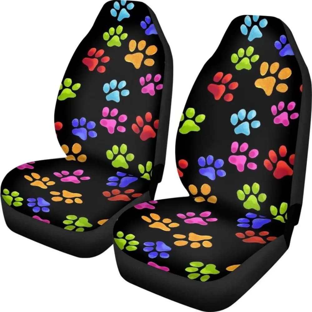 2pcs Cute Colorful Puppy Paw Print Car Seat Covers - Fit For Cars, SUVs, Sedans, Trucks - Durable Polyester Front Seat Protector