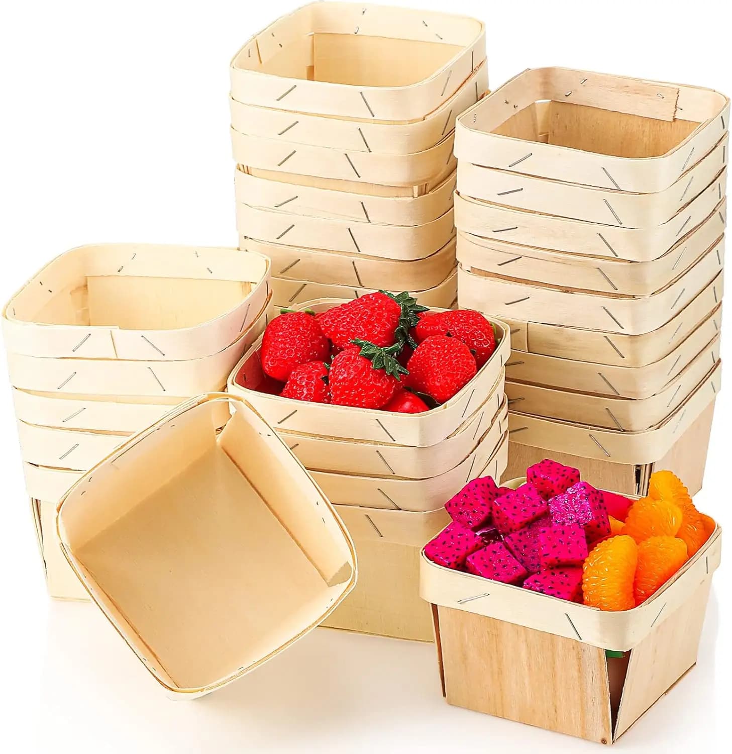 50 Pieces Fruit Wood Baskets, Ventilated Square Boxes 4x4x2.5 Food Conservation Poles, Party Decorations and Crafts