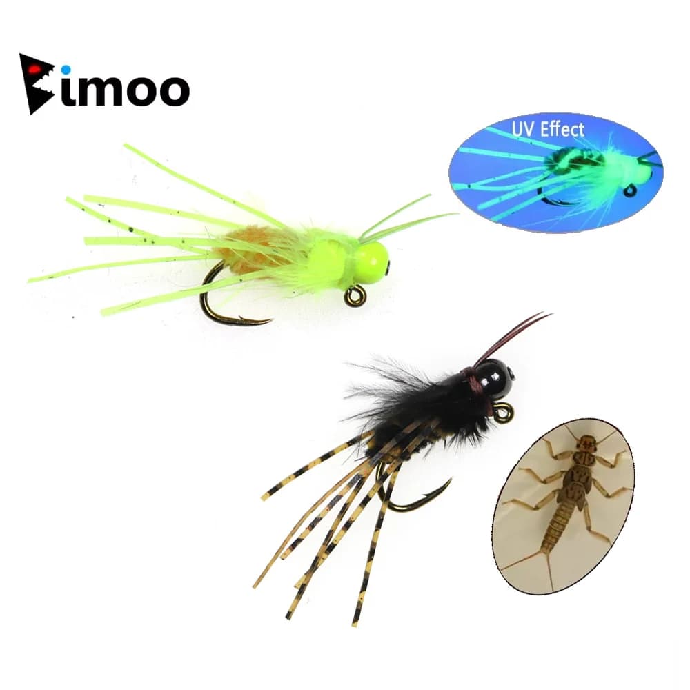 Bimoo 6 pezzi # 4 Jig per la pesca a mosca con testa in ottone e gambe in gomma Grizzly, affondamento rapido, amo barbed a forma di stonefly, esche umide per la pesca alla trota
