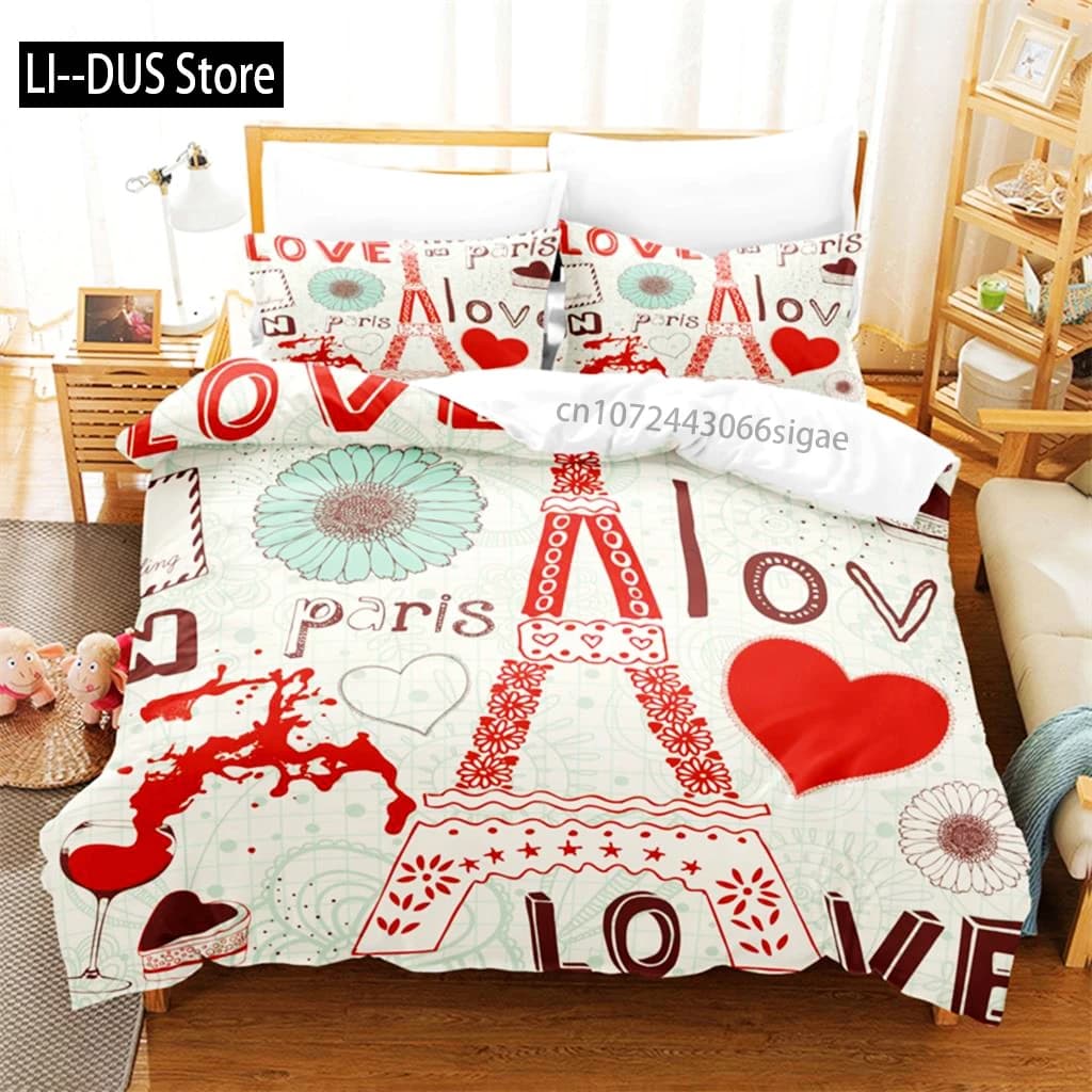 Set biancheria da letto romantico Parigi Set copripiumino Biancheria da letto 3D Stampa digitale Set biancheria da letto queen size Design alla moda