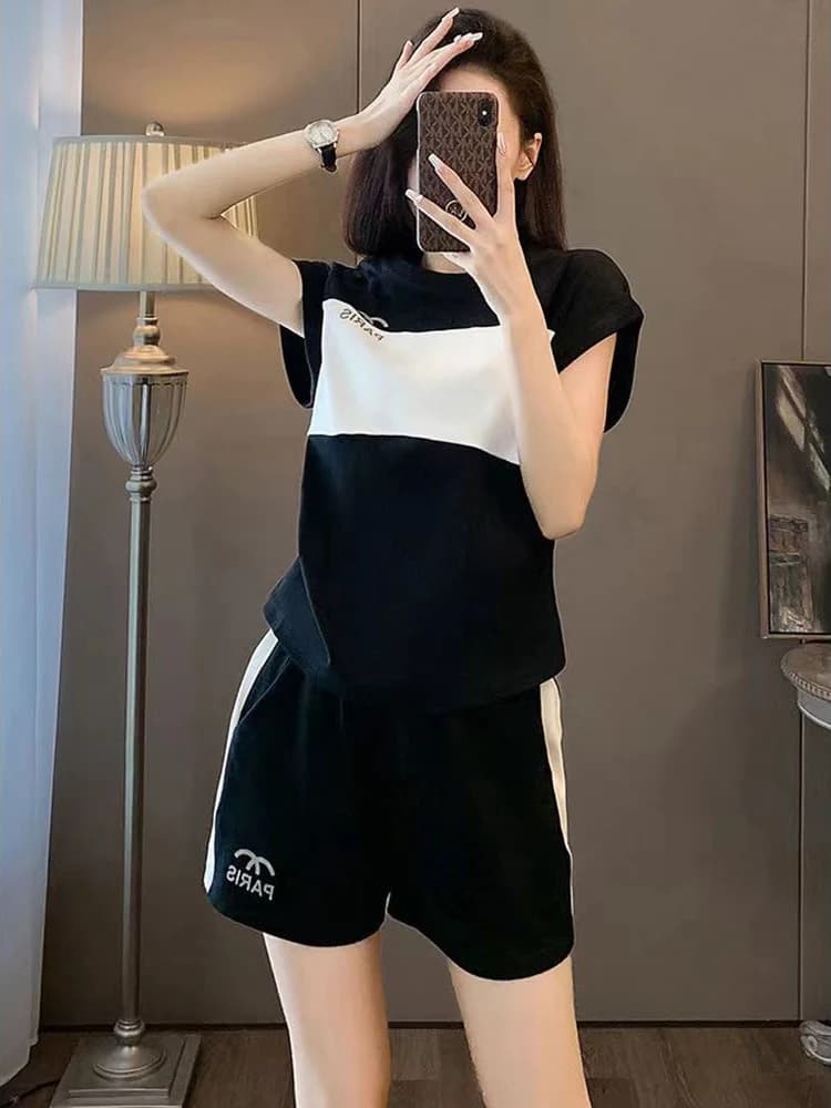 Summer Casual Sportswear Set Women's Color Block Fashionable Short Sleeve Shorts Two Piece Set Cotton round Neck Overhead