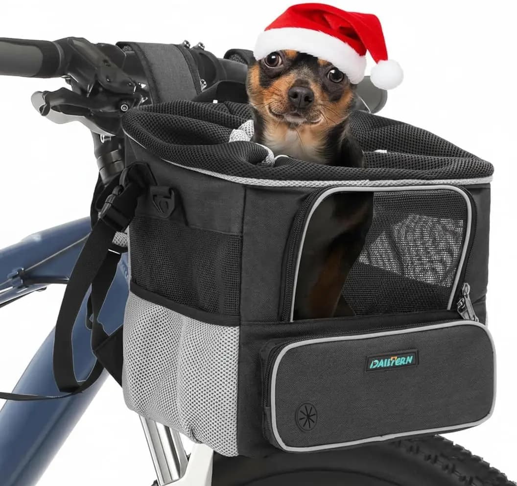 Cestino pieghevole per bici per cani per piccoli animali domestici fino a 10 libbre, con guinzaglio di sicurezza, finestre in rete, tasche portaoggetti, manubrio a sgancio rapido