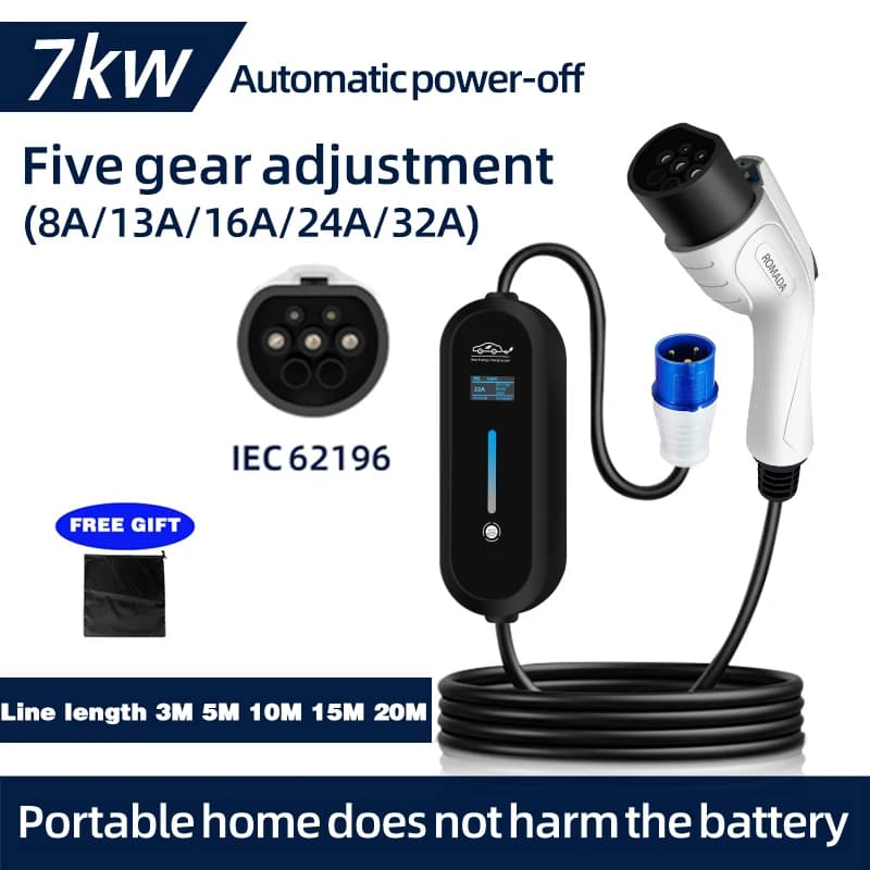 ROMADA 7KW 32A EV Caricatore portatile 3M 5M 10M 15M 20M Cavo Type2 IEC62196 EVSE CEE Spina Wallbox Adattatore per veicolo elettrico