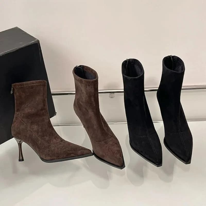 Stivaletti da Donna con Tacco Alto e Punta Affusolata, Eleganti Scarpe da Ballo e Festa, Stivali Corti Elasticizzati e Aderenti per Autunno e Inverno