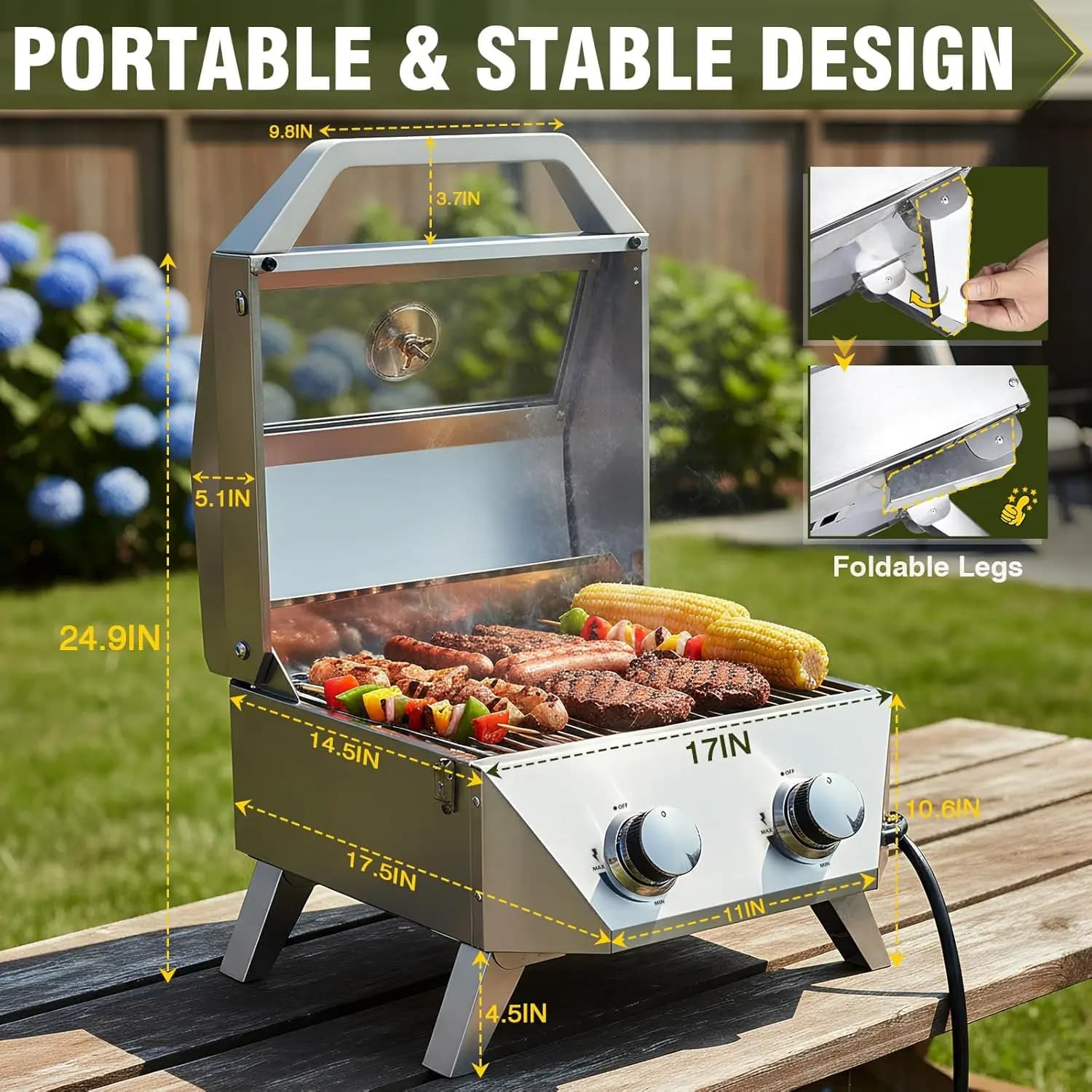 Griglia a Gas da Tavolo Porterhouse 20000 BTU, 2 Bruciatori in Acciaio Inox, BBQ con Coperchio in Vetro, Portatile per Esterni, Personalizzabile