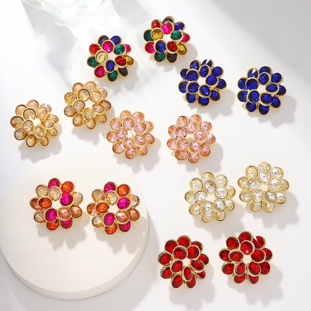 French sunflower earrings double-layer crystal color three-dimensional flower earrings temperament heavy industry earrings