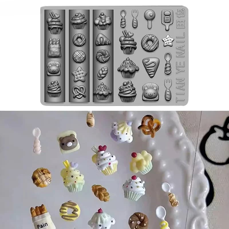 Stampo 3D in Silicone per Nail Art, Design con Motivi di Torte, Gelati e Snack, Decorazione Unghie, Modello Trasparente per Manicure