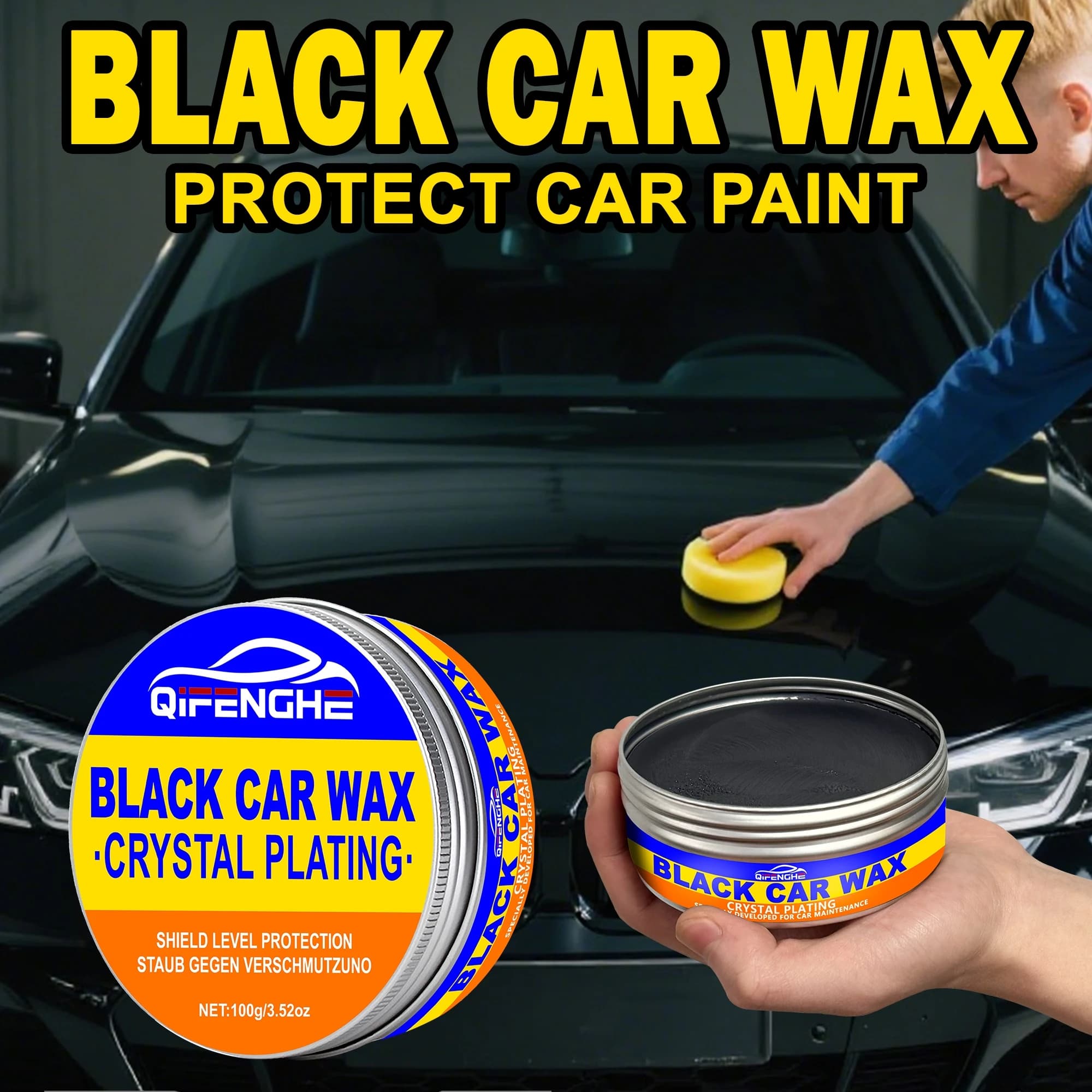 Cera per auto nera con spugna: placcatura in cristallo, rivestimento impermeabile e idrofobico per un'illuminazione e protezione migliorati, facile da usare per D