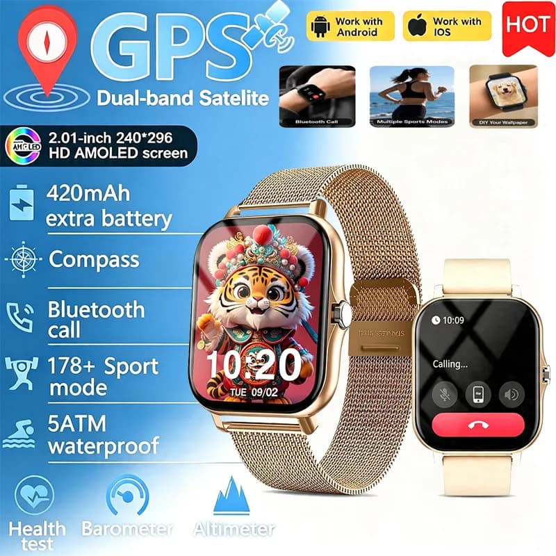 2026 new smart watch touch screen BT Call Heart Rate 5ATM waterproof remote control，GPS tracking smartwatch for men and women