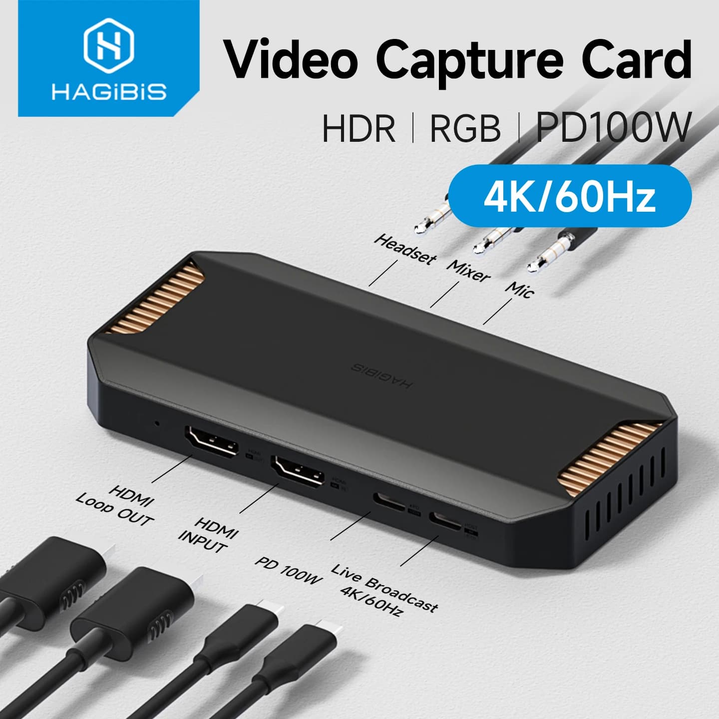 Scheda di acquisizione video 4K Hagibis per streaming e gaming, supporto VRR RGB HDR, Passthrough per Switch2, Xbox, PS5/4, Live Stream da telecamera