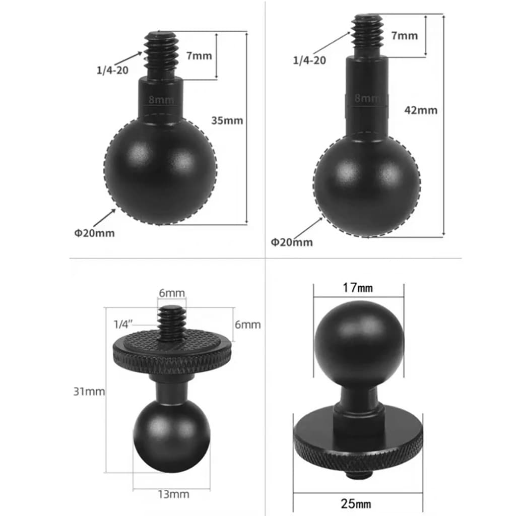 Adattatore a testa sferica in lega di alluminio da 17mm/20mm/25mm a 1/4 M6 per supporto RAM Garmin, supporto per telefono da moto, supporto per auto, supporto per fotocamera