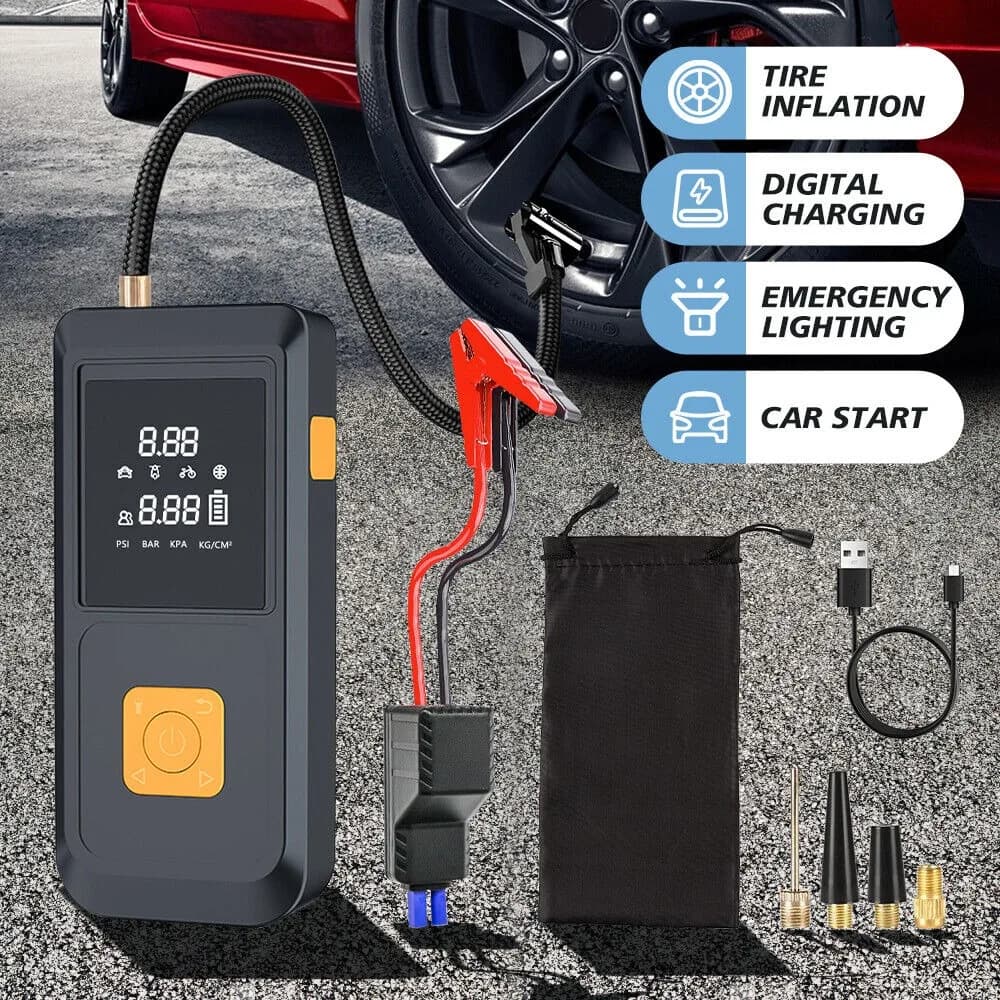 Avviatore di emergenza per auto multifunzione e pompa d'aria Compressore d'aria 4 in 1 Caricatore automatico Power Bank Booster Gonfiatore per pneumatici automobilistici