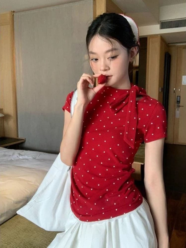 Polka Dot Half Sleeve Slim Bow Mujer Camisetas Lace Up Spice Girls Lace Patchwork T-shirt Casual Elegant Moda Tops
