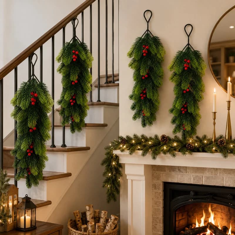 Single Artificial Pine Hanging Sprays Decor with Bright Red Berries & Natural Pine Cones, Realistic Christmas Greenery Picks