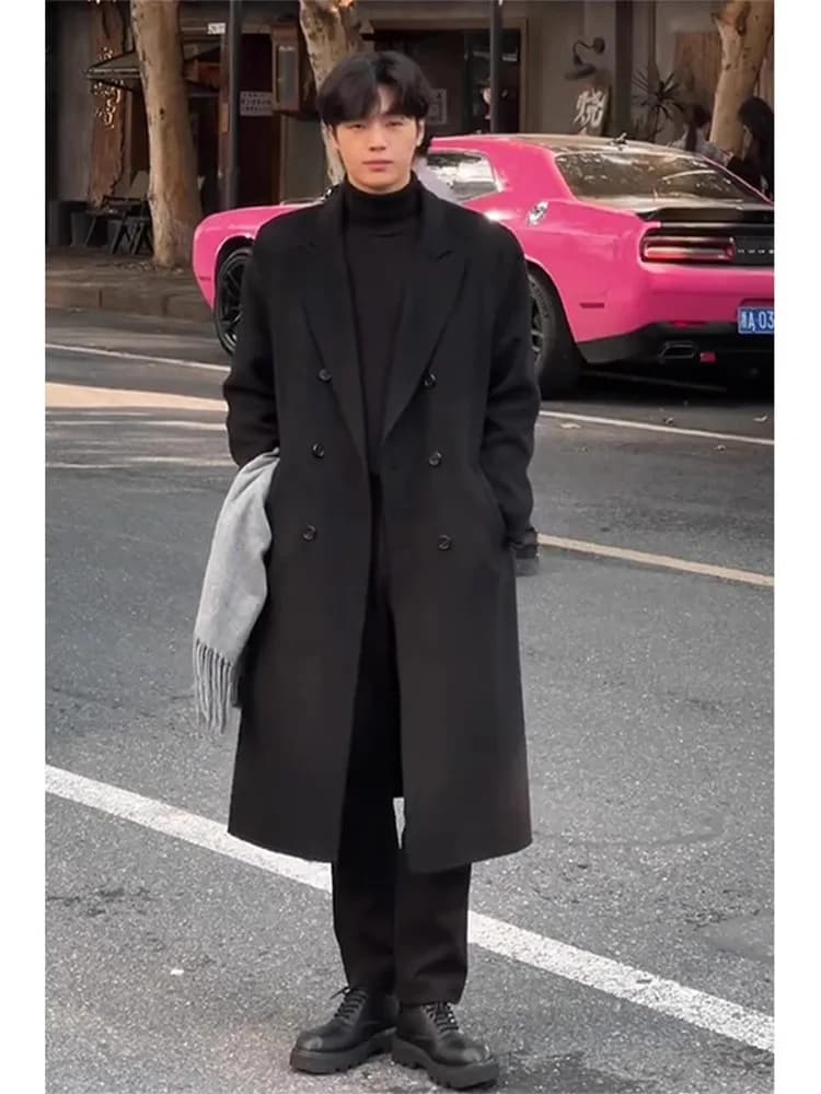 Women's Double-layered wool coat, Long, with Jacket neck, Pile layer, Korean style, Elegant, with Belt, Above the Ginocchio