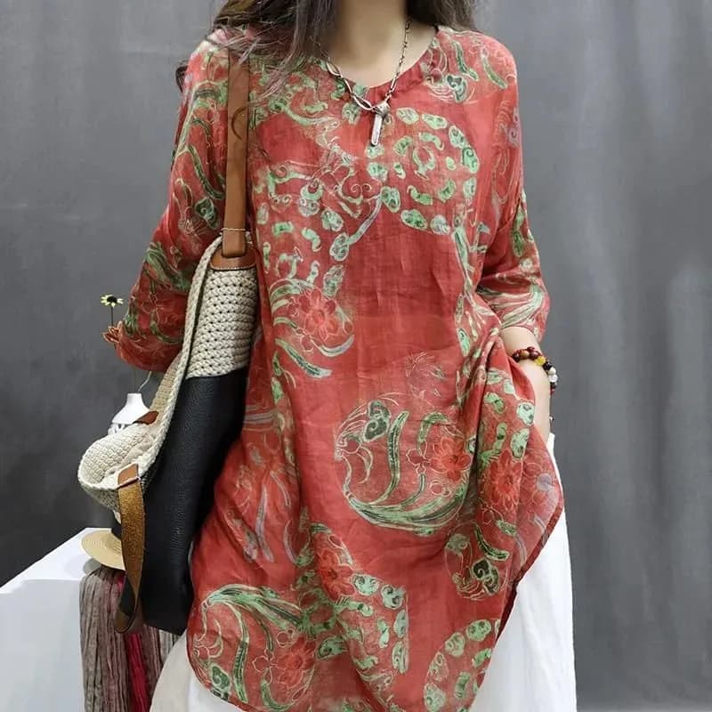 Women's Vintage Floral Print Linen Blouse Loose Half Sleeve Casual Mid-Length Top