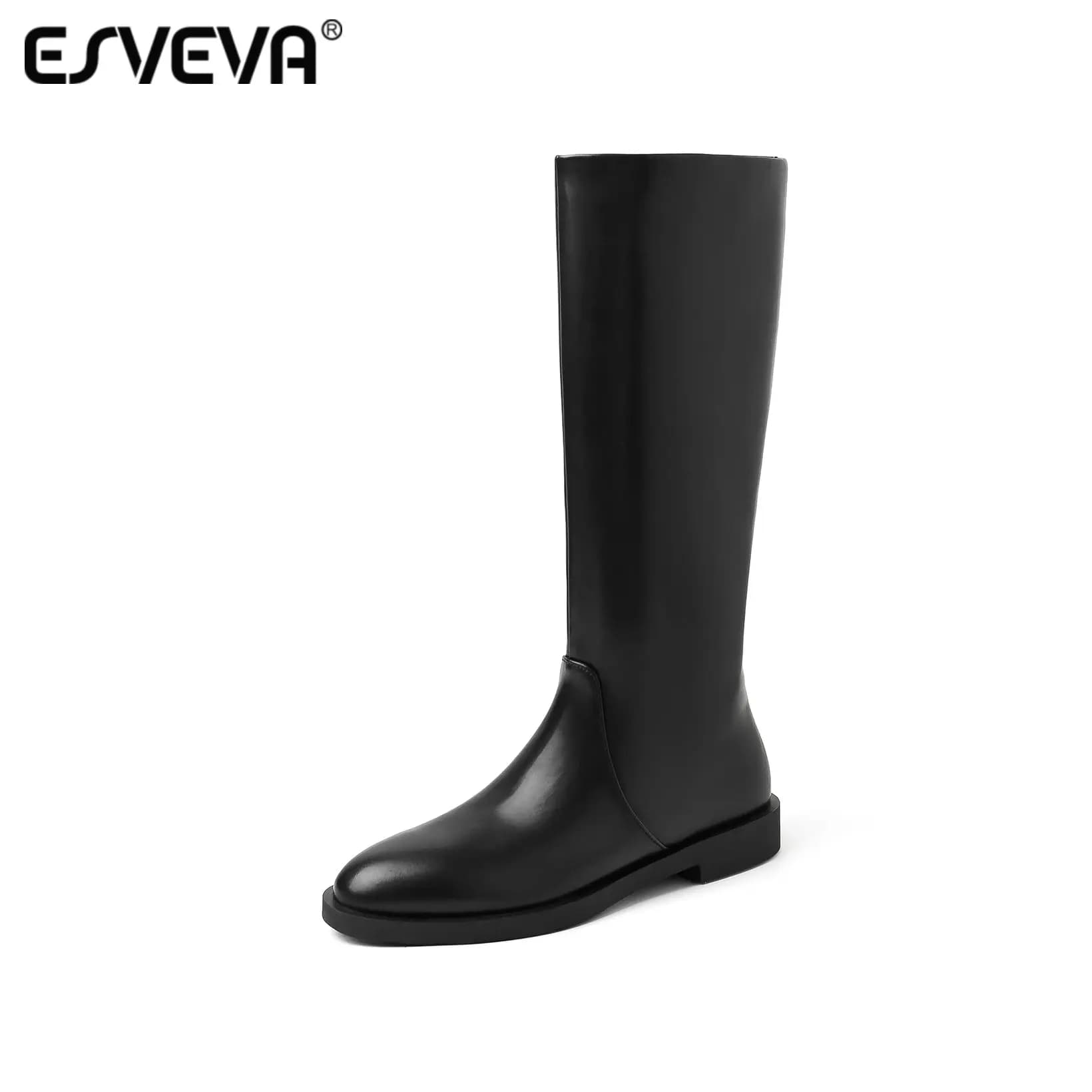 ESVEVA 2027 Fashion Women Knee High Boots Winter Shoes Round Toe Split leather Mid Heels Autumn Motorcycle Long Boots 34-42