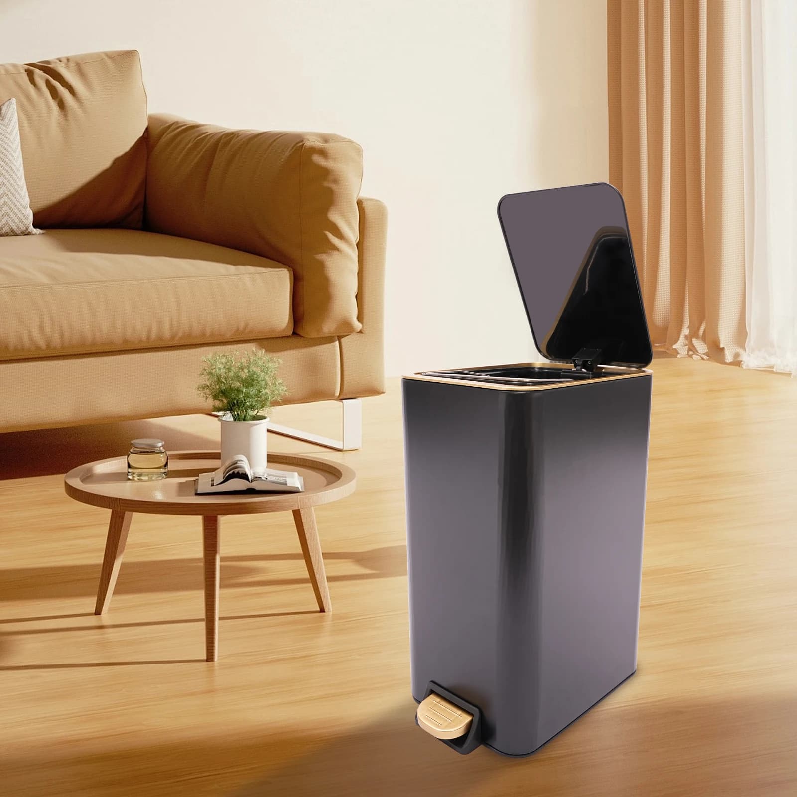 Elegante Pattumiera Nera e Oro da 12L con Coperchio Sicuro, Pedale Senza Contatto, Design Salvaspazio per Cucina, Bagno, Casa
