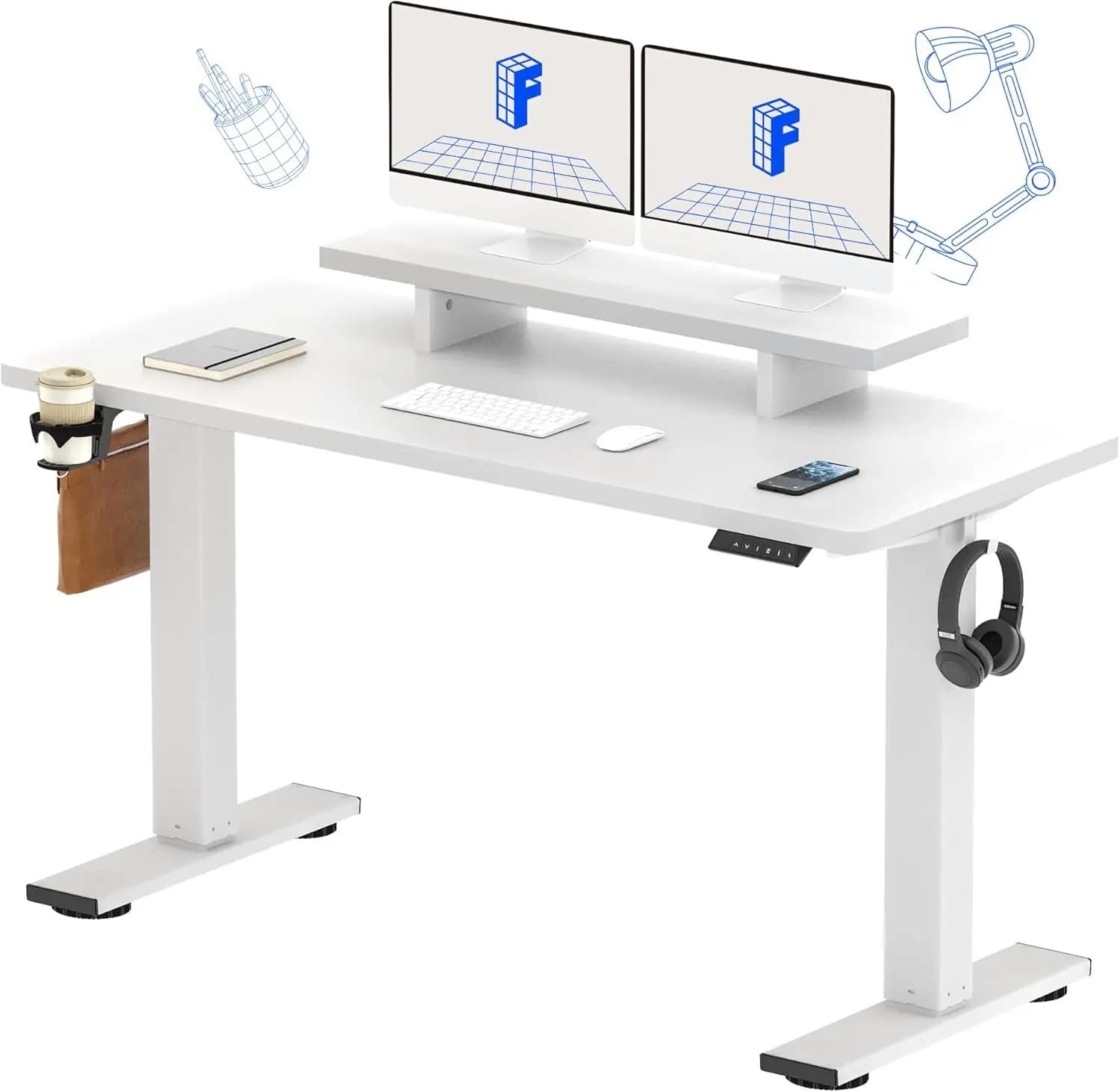 55 x 24 Inches Electric Height Adjustable Standing Computer Desk, One-Piece Design with Monitor Stand and Cup Holder, for Home Office, White