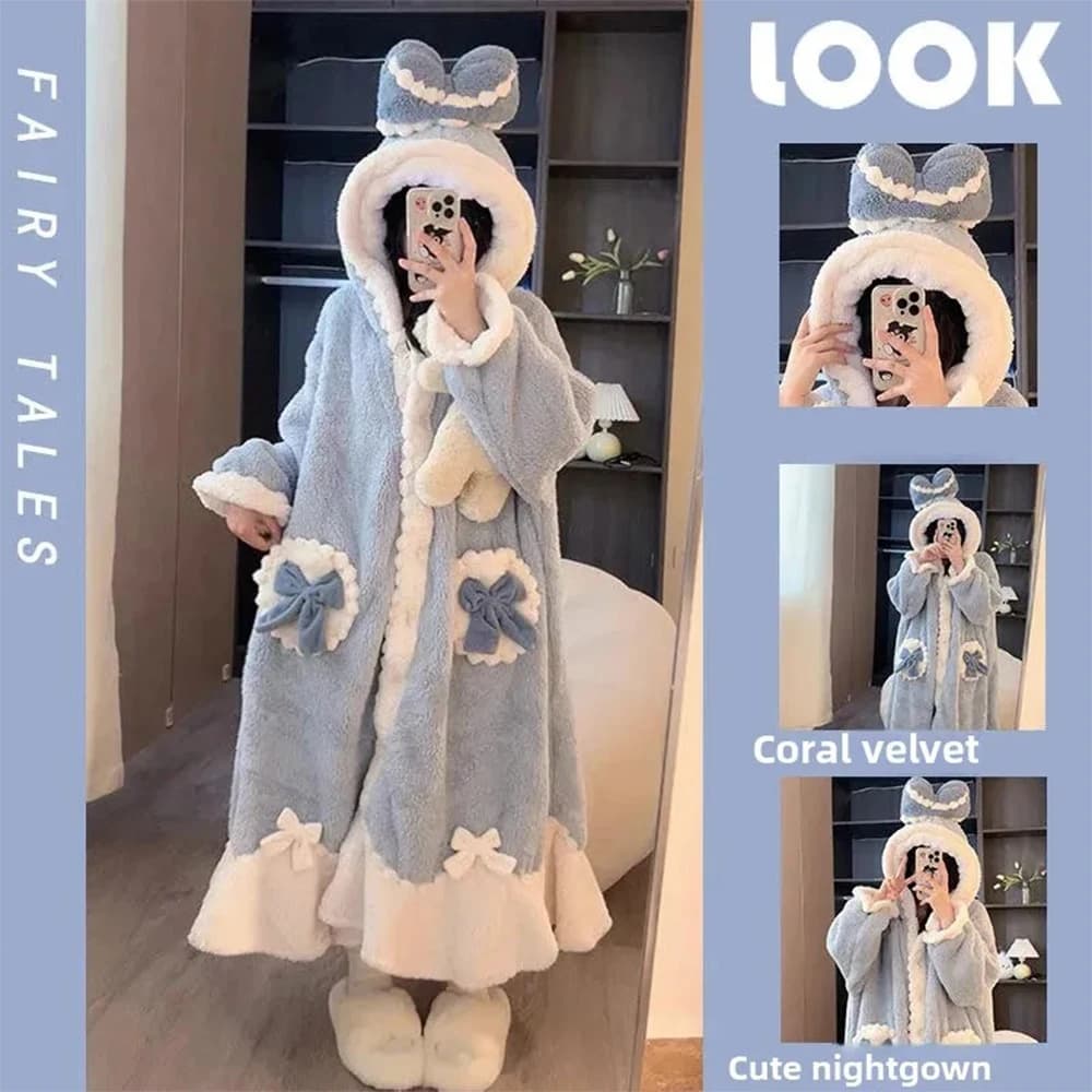 Women's Style Coral Fleece Night Bathrobe Thickened Winter For Home, Soft and Pretty Girl Night Bathrobe