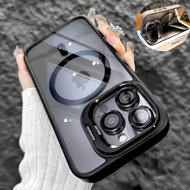 Luxury Transparent Case For iPhone 17 16 15 14 13 12 11 Pro Max Air 16Pro For Magsafe Wireless Charge Stand Holder Lens Cover