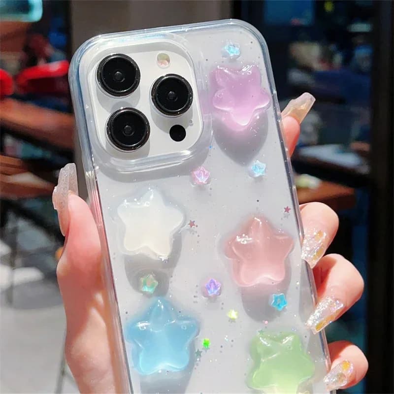 Custodia Morbida Trasparente con Glitter 3D Effetto Resina Epossidica a Forma di Stella per iPhone 16 15 14 13 12 11 Pro Max - Stile Coreano per Ragazze