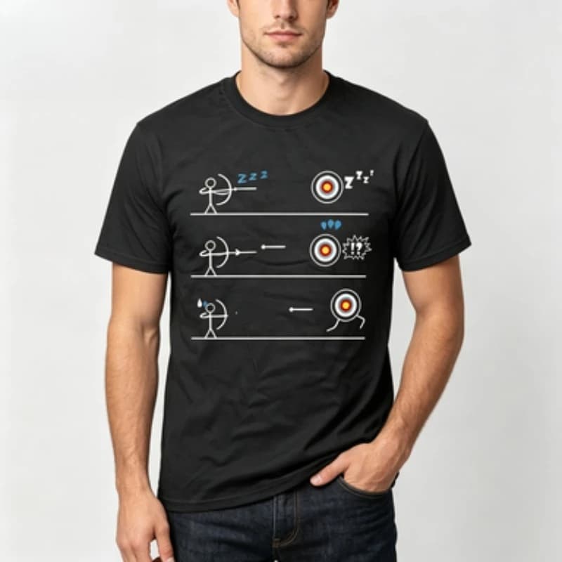 Men 100% Cotton O Neck T Shirt Funny Stick Figure Archer Three Scene Target Shooting Mood Graphic Archery Short Sleeve Tee Tops