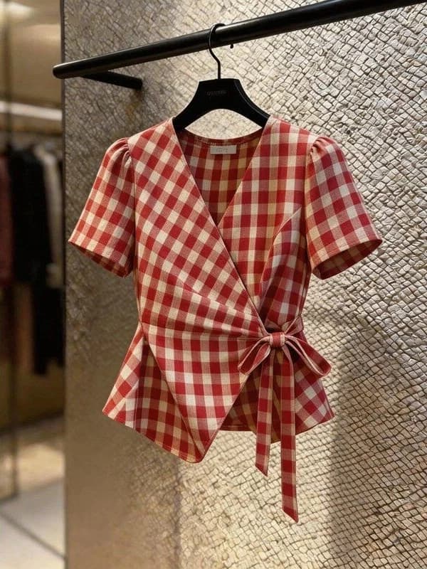 Spring Summer 2026 Red Plaid Wrap Shirt Short Sleeve Women's Commute Style Belt Design Slimming V-neck Korean Loose Fit Top