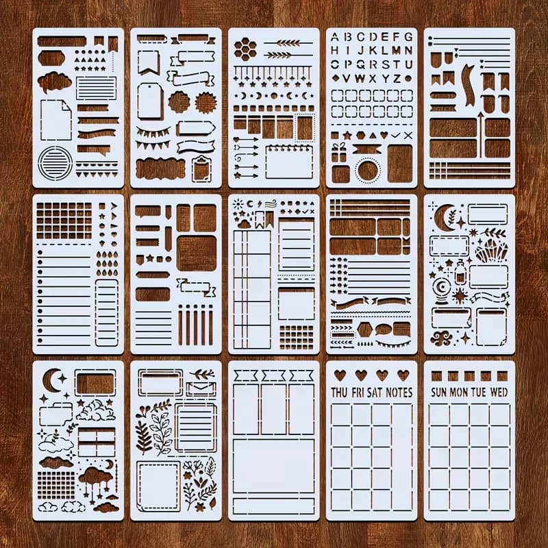 Set di stencil per diario proiettile da 15 pezzi, modello per agenda, disegno, layout, taccuino, strumento per album