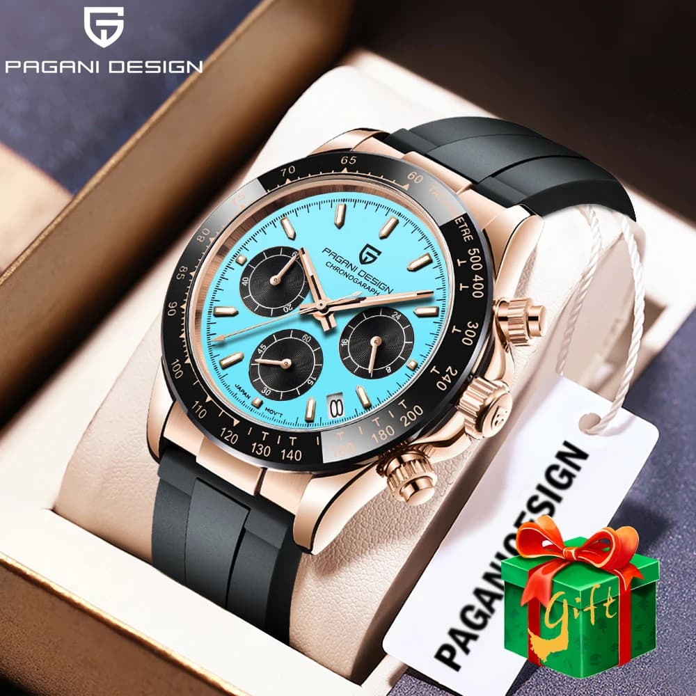 PAGANI DESIGN Orologio al quarzo stile sportivo Luminoso impermeabile in oro rosa quadrante blu Orologio da uomo regalo per festival di moda + scatola