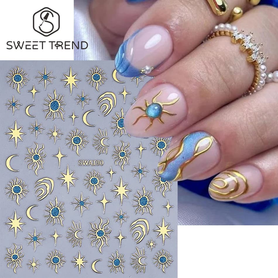 3/5 Pezzi Adesivi per Unghie con Stelle, Sole e Luna, Design Glitterato Y2K, Decorazioni Autoadesive Bohémien per Manicure