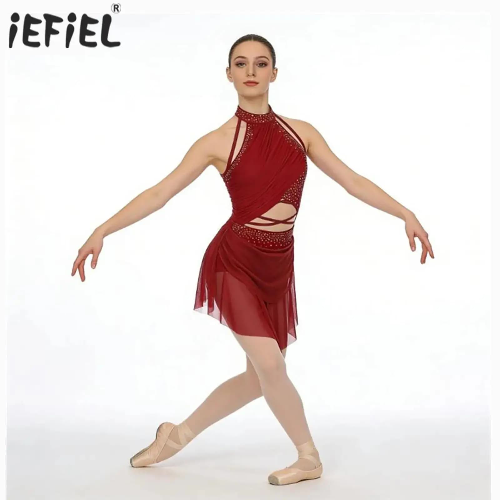 Costume da Ginnastica Artistica con Strass Luccicanti per Donne, Abito per Pattinaggio Artistico e Danza Lirica con Sovrapposizione per Esibizioni