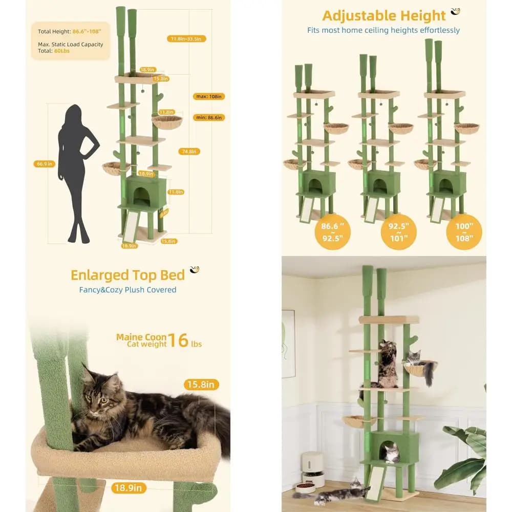 Albero per Gatti da Pavimento a Soffitto con 18,9 Posti Letto e Cuccia per Gatti Grandi, 86-108 cm, Arredamento per Animali Domestici da Interno Resistente, Verde Cactus