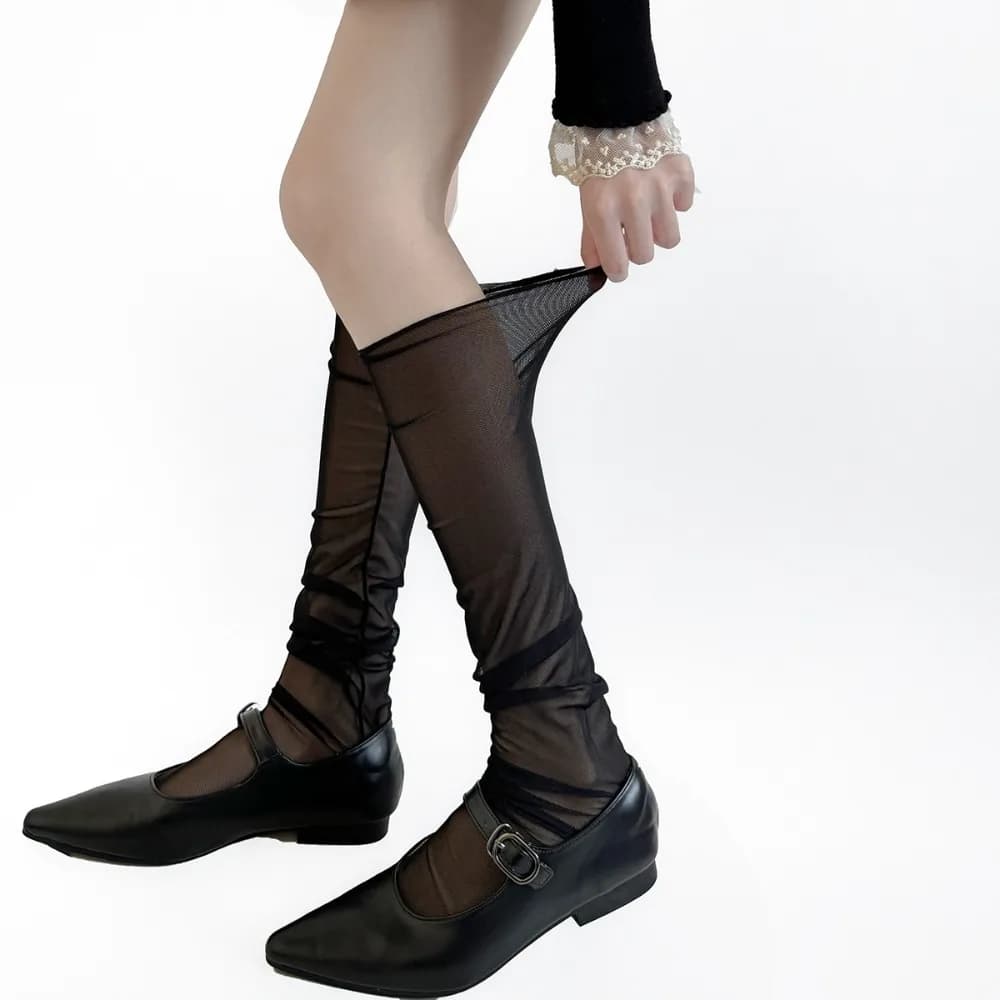 1pair Fashion Thin Knee Socks Breathable Loose Mesh Stockings Solid Color Long Socks Summer