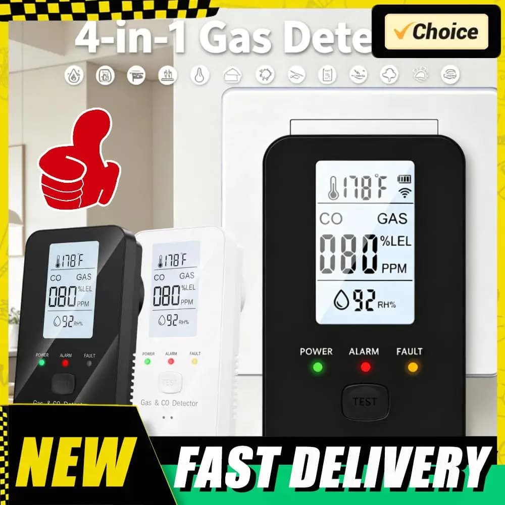 4-in-1 Carbon Monoxide Detector with HD Digital Display Plug in Gas & Carbon Monoxide Detector Temperature Humidity Tester