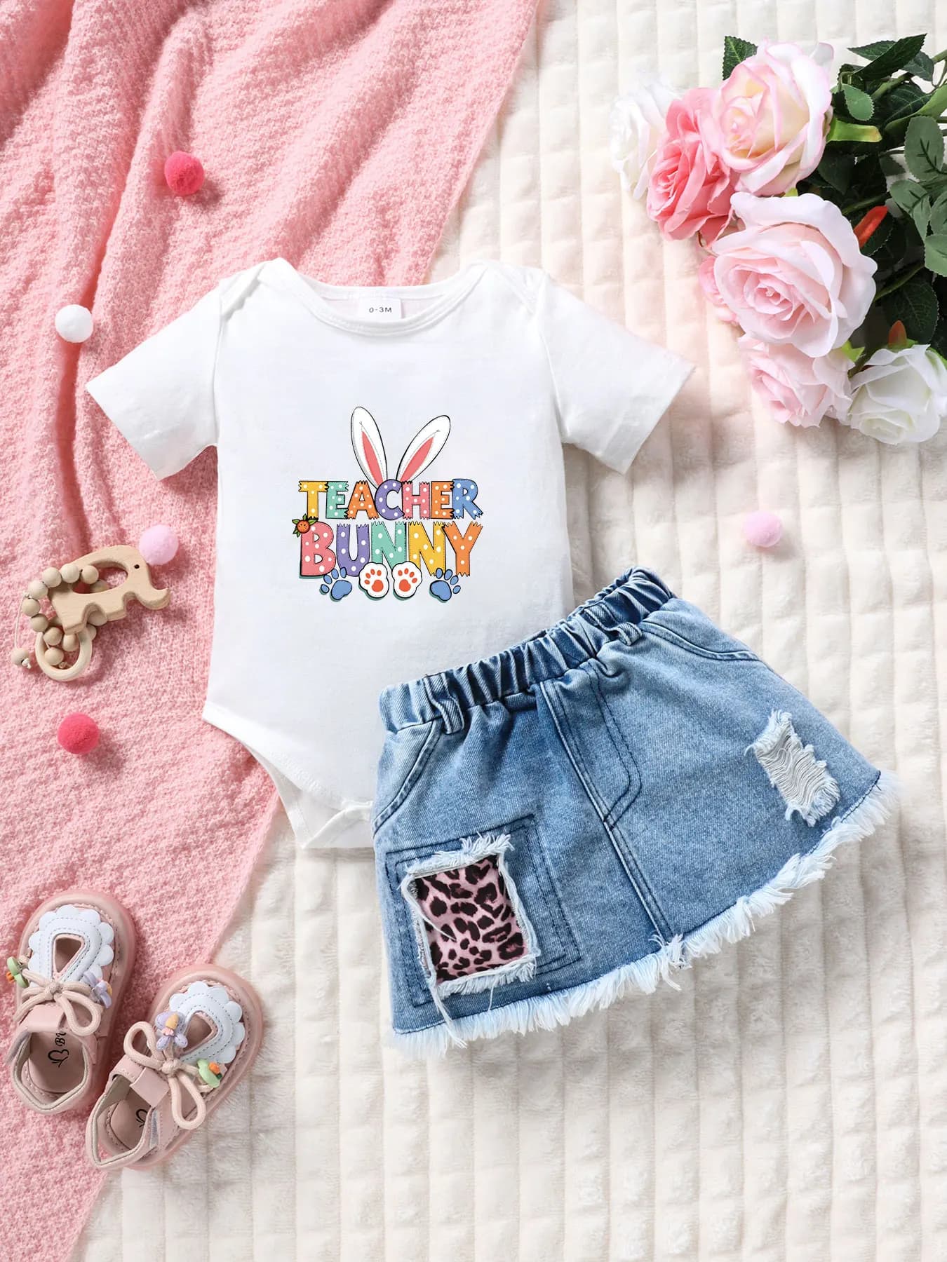 Set Estivo per Bambina 'Teacher Bunny' con Body a Maniche Corte + Minigonna in Denim, Completo Due Pezzi Traspirante e Alla Moda