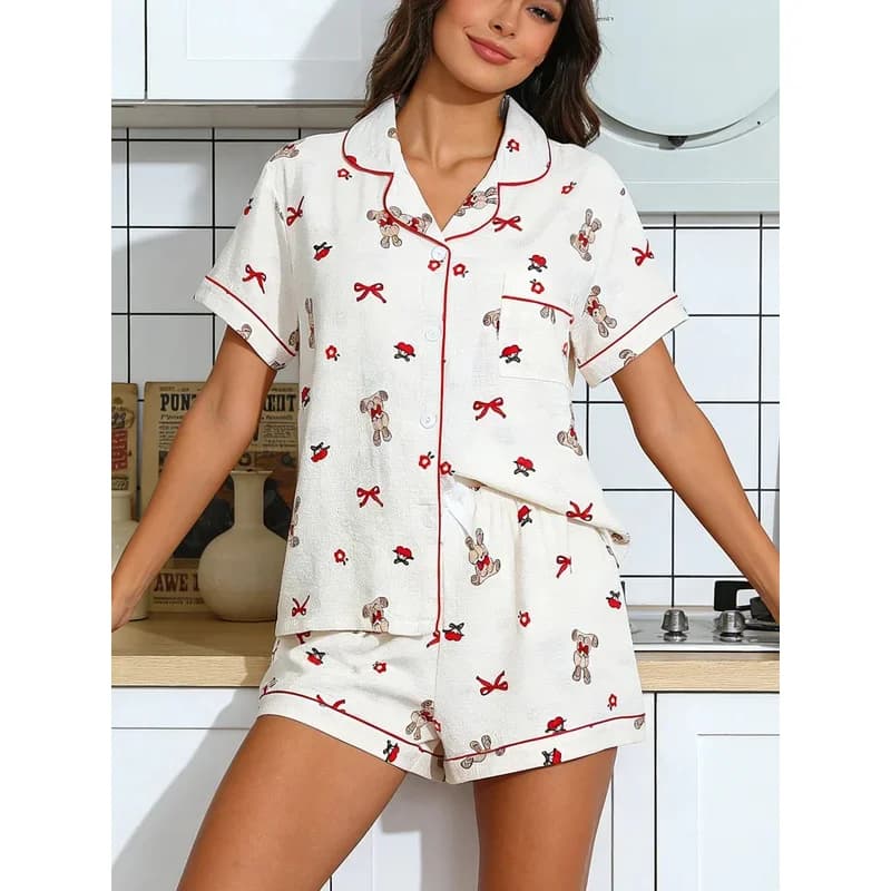 Cute Bunny Bow Cherry Print Women Pajamas Cardigan Lapel Short Sleeve Shorts 2 Piece Set Spring Summer Homewear