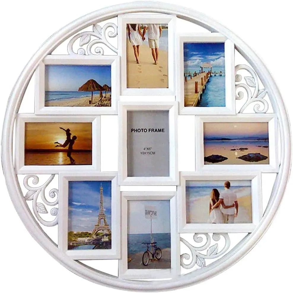 Cornice Rotonda per Collage di Foto 4x6, 9 Aperture da Appendere con Design a Foglie, Bianca