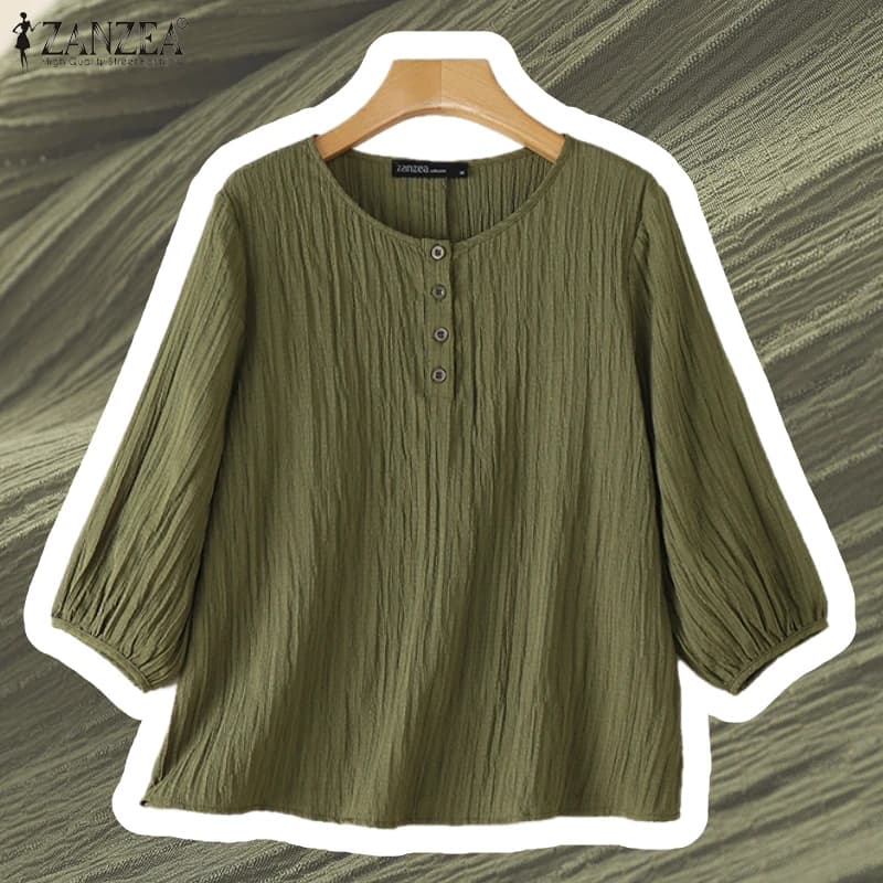 ZANZEA Camicette da donna con texture stropicciata, casual, con mezza abbottonatura, scollo a O, maniche a sbuffo 3/4, pullover, top estivi da giorno, Blusas de Mujer