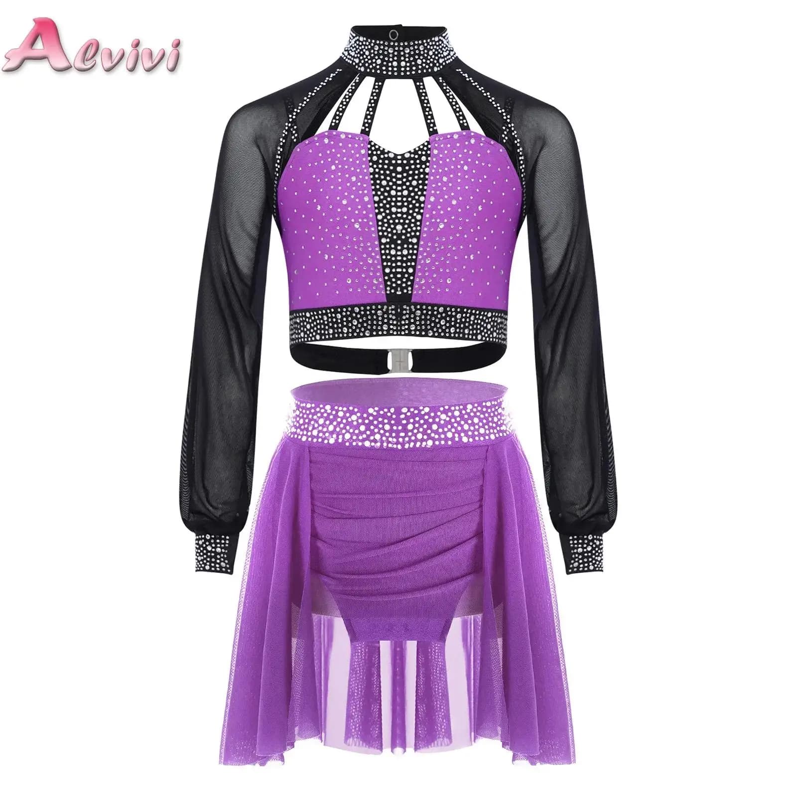 Vestito da spettacolo di danza di pattinaggio di figura per bambina, top corto a maniche lunghe in rete con gonna, set di abbigliamento da ballo per balletto cheerleader