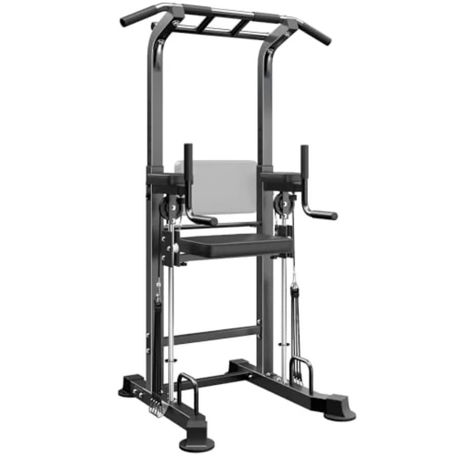 Power Tower Dip Station with Traction Bar for Home Gym, Adjustable Multifunction Equipment for Strength Training